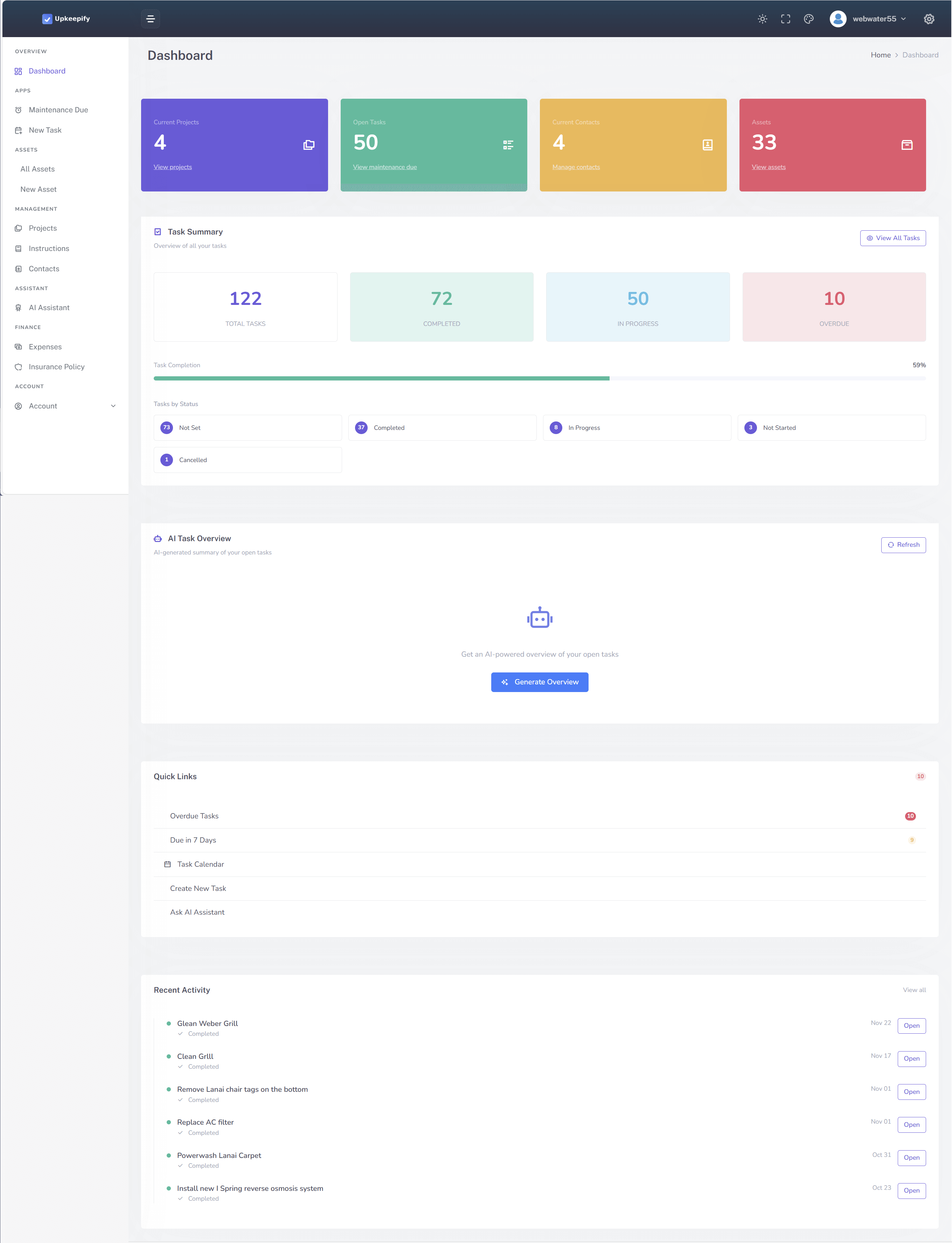 Upkeepify dashboard showing upcoming home maintenance tasks with due dates and reminder status